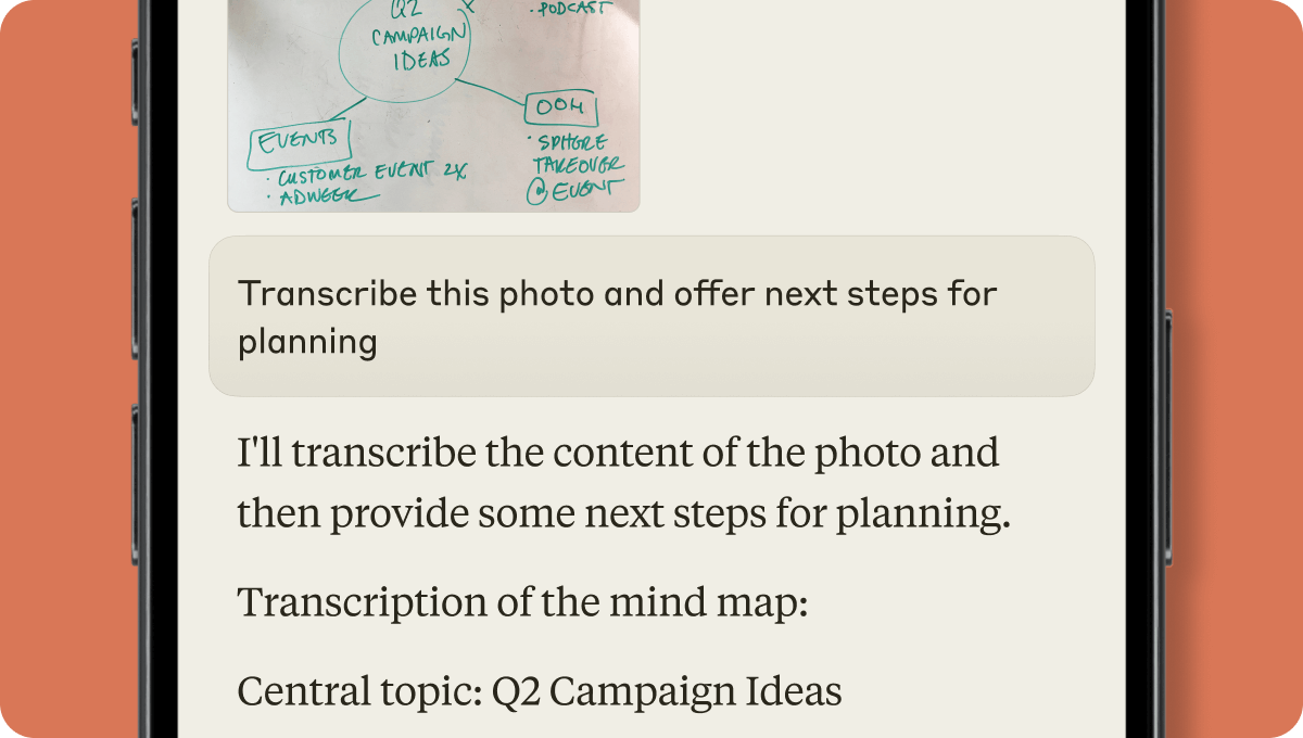 Claude mobile app transcribing a handwritten image