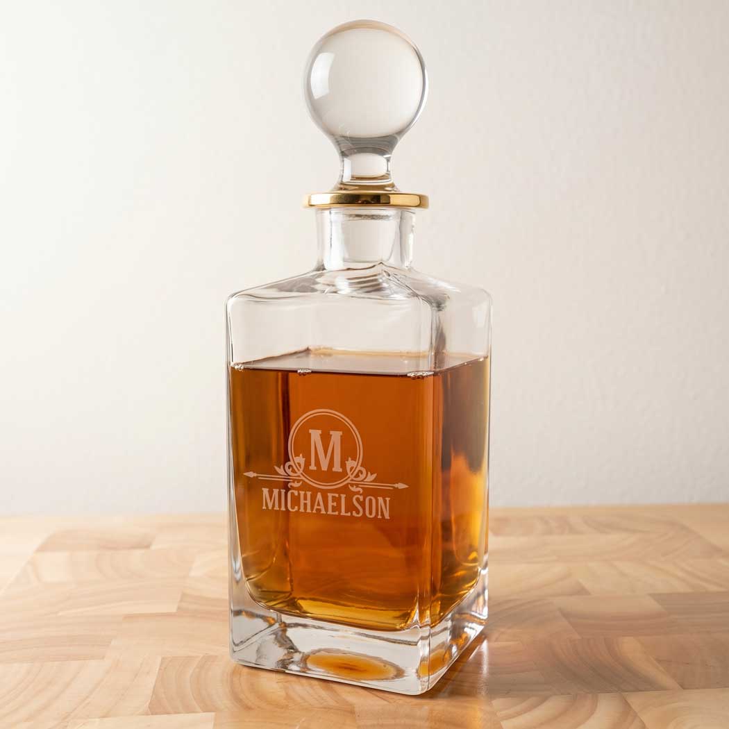 Personalized Gold Rim Decanter — engraved crystal decanter with gold rim.