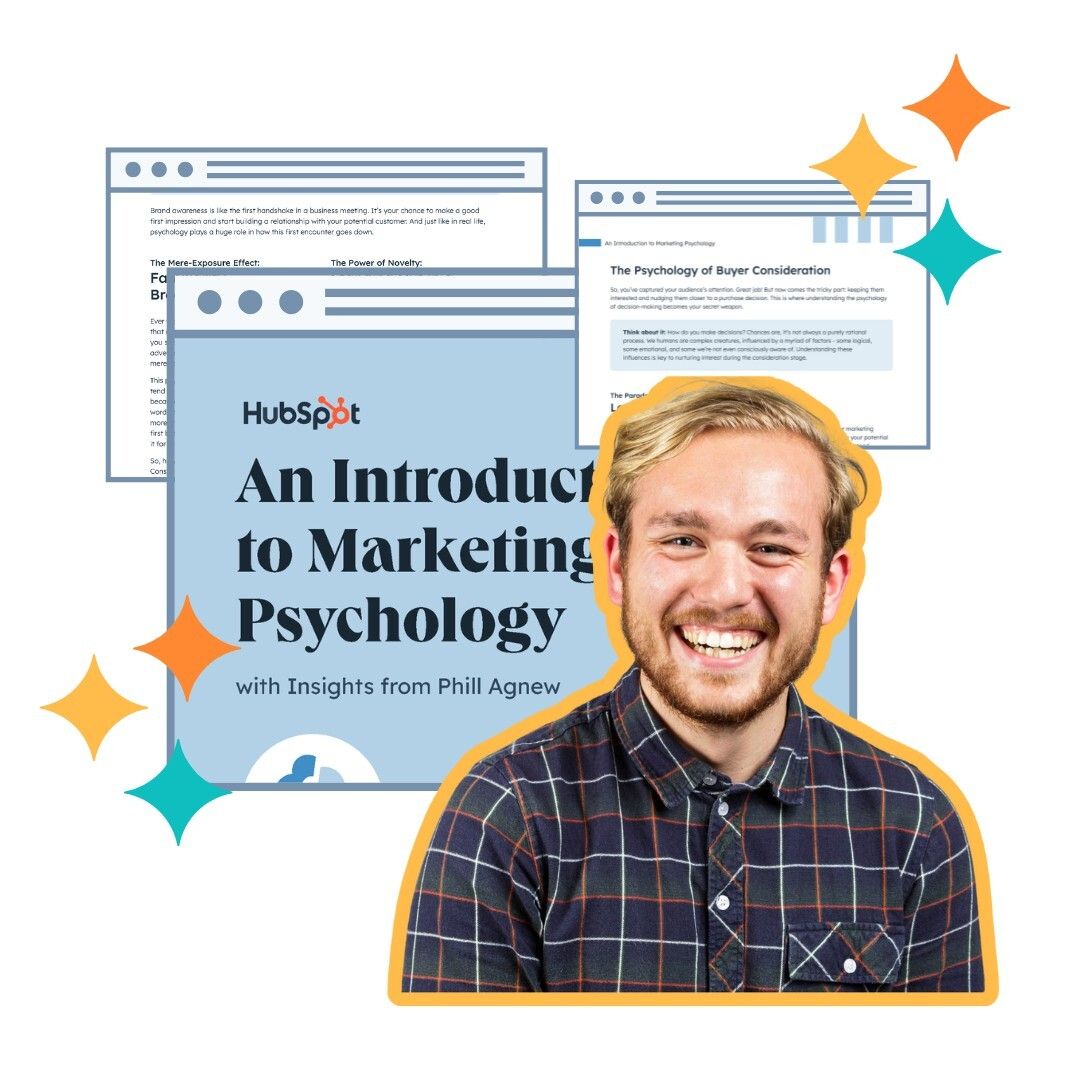 A man smiling in front of screenshots of the downloadable HubSpot materials on marketing pyschology.