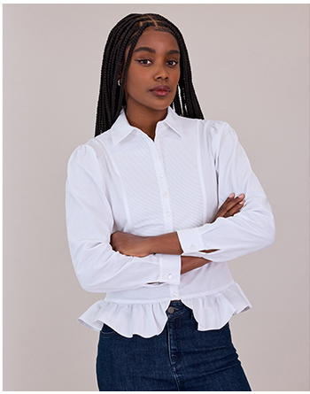 White Long Sleeve Cotton Shirt With a Collar, Pleated Front Panel, and Flared Ruffle at the Waist