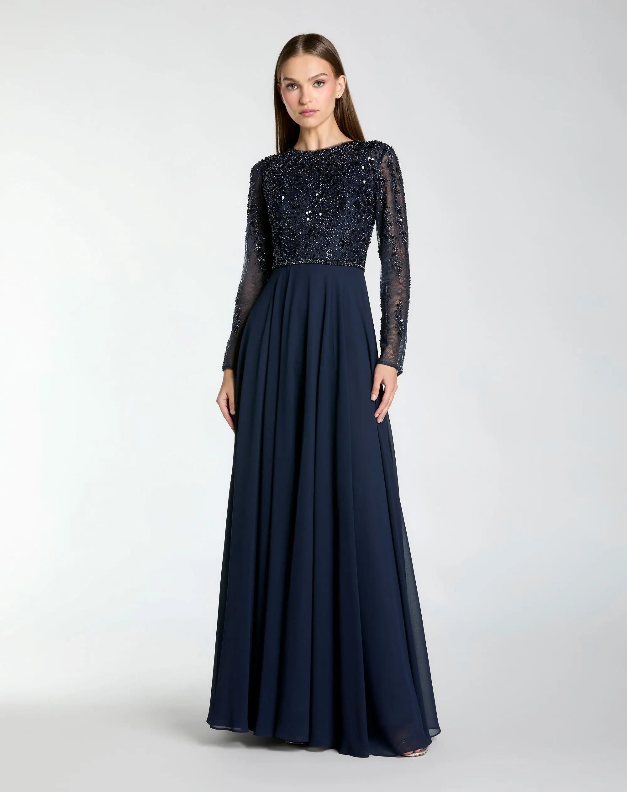Image of Navy Embellished Lace Long Sleeve Gown With Chiffon Skirt