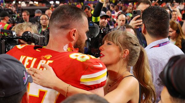 Taylor Swift and Travis Kelce embrace as they celebrate his team, Kansas City Chiefs, winning the Super Bowl.