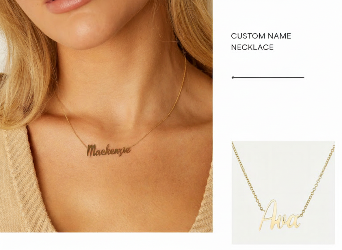 an image of a woman wearing a necklace with a name on it