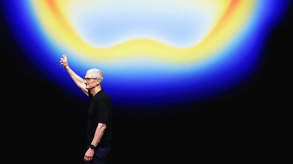 Apple CEO Tim Cook gestures during the keynote at an Apple special event on September 09, 2025 in Cupertino, California