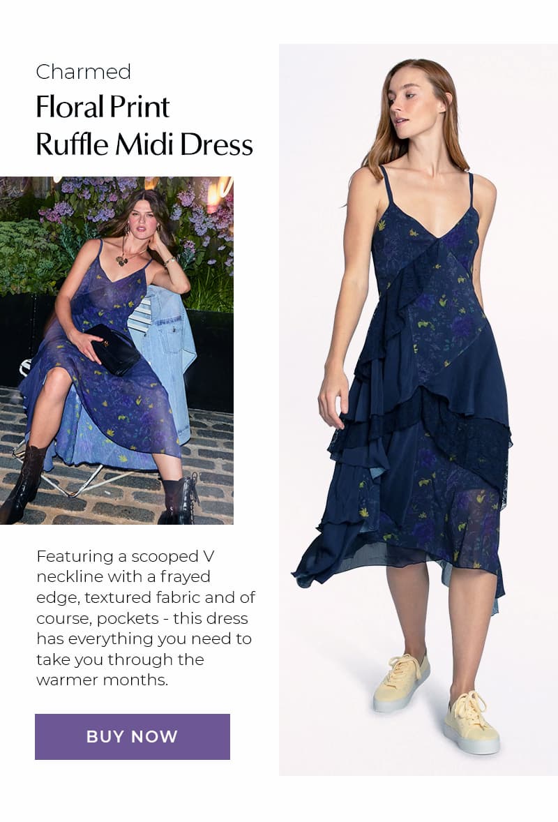 Charmed Floral Print Ruffle Midi Dress - Navy