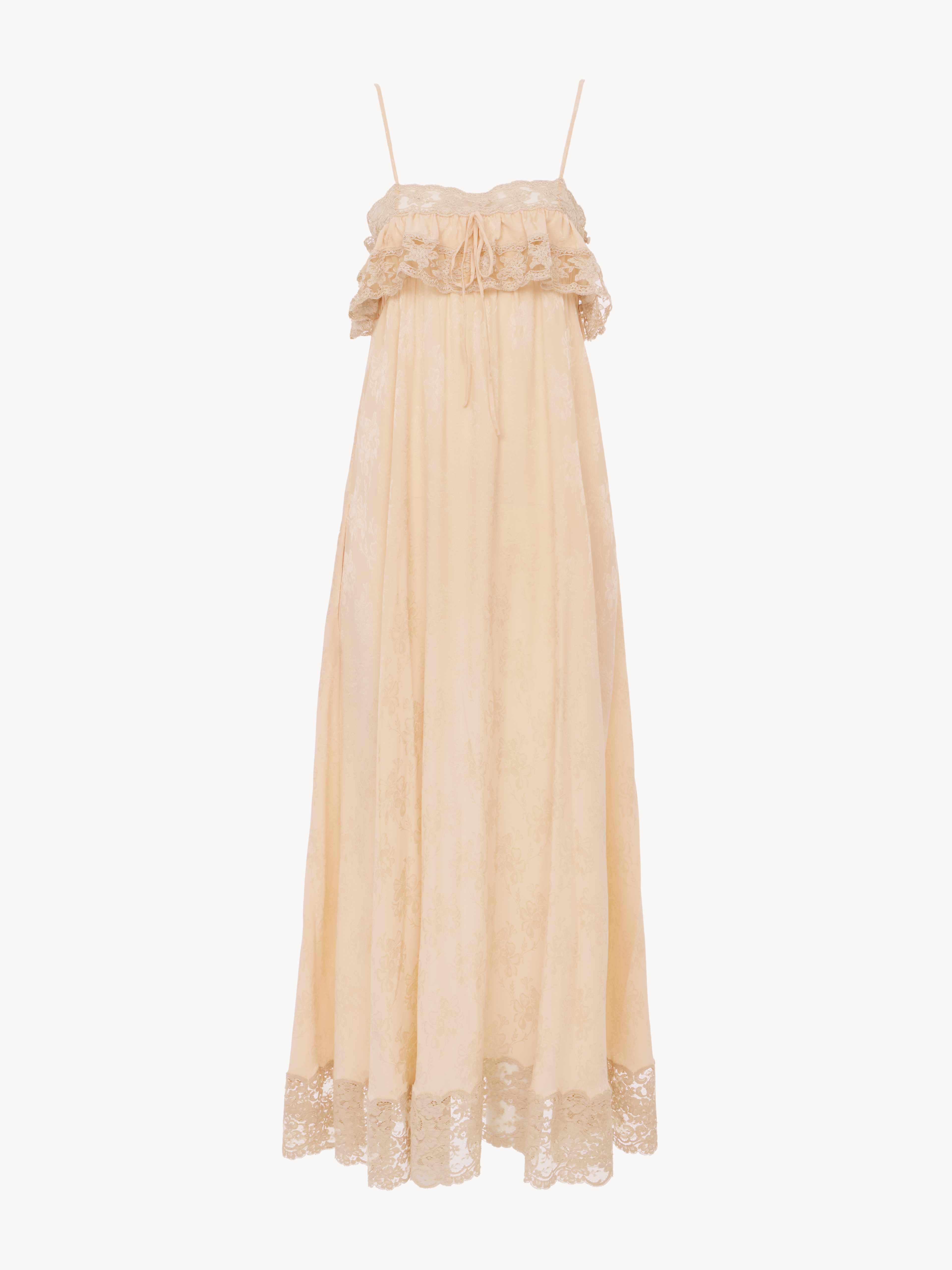 Thin-strap long dress in silk jacquard & lace