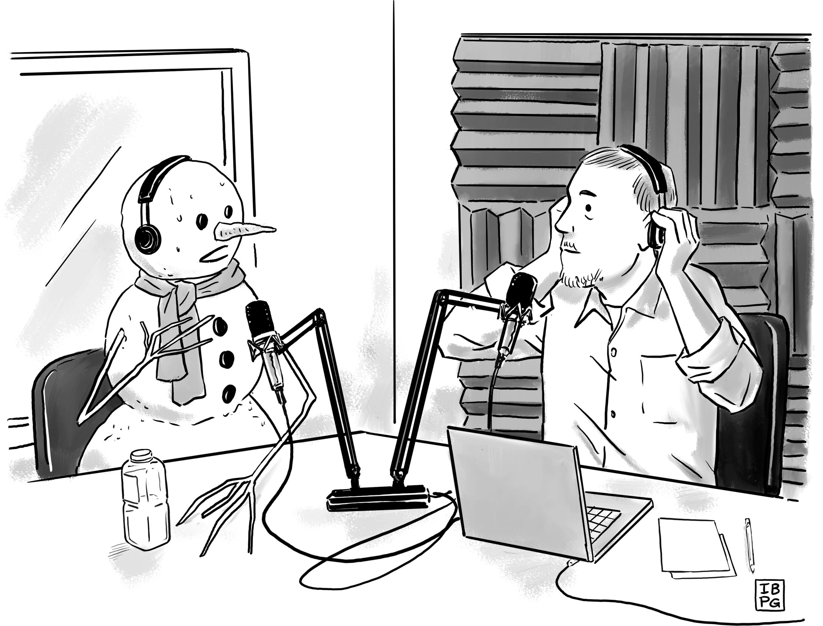A podcaster interviewing a snowman
