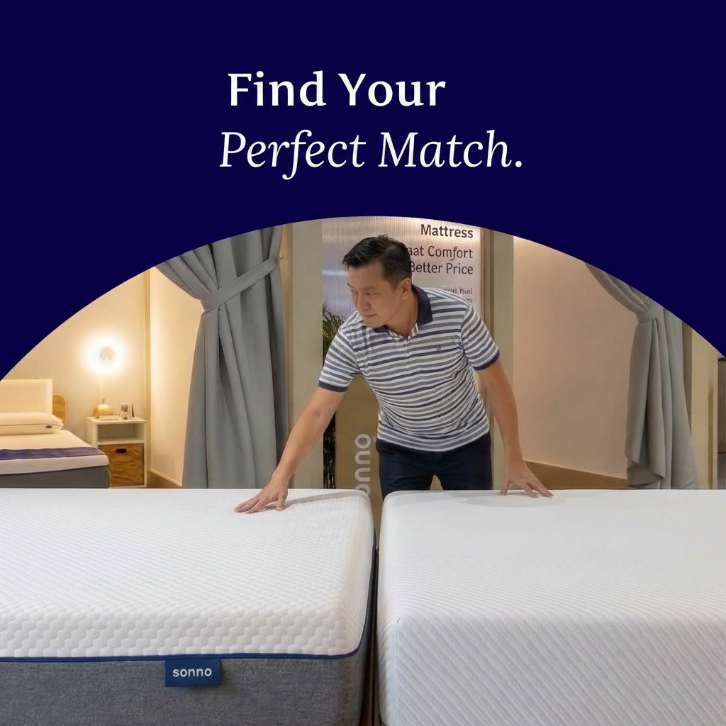 Man touching two mattresses, with text "Find Your Perfect Match."
