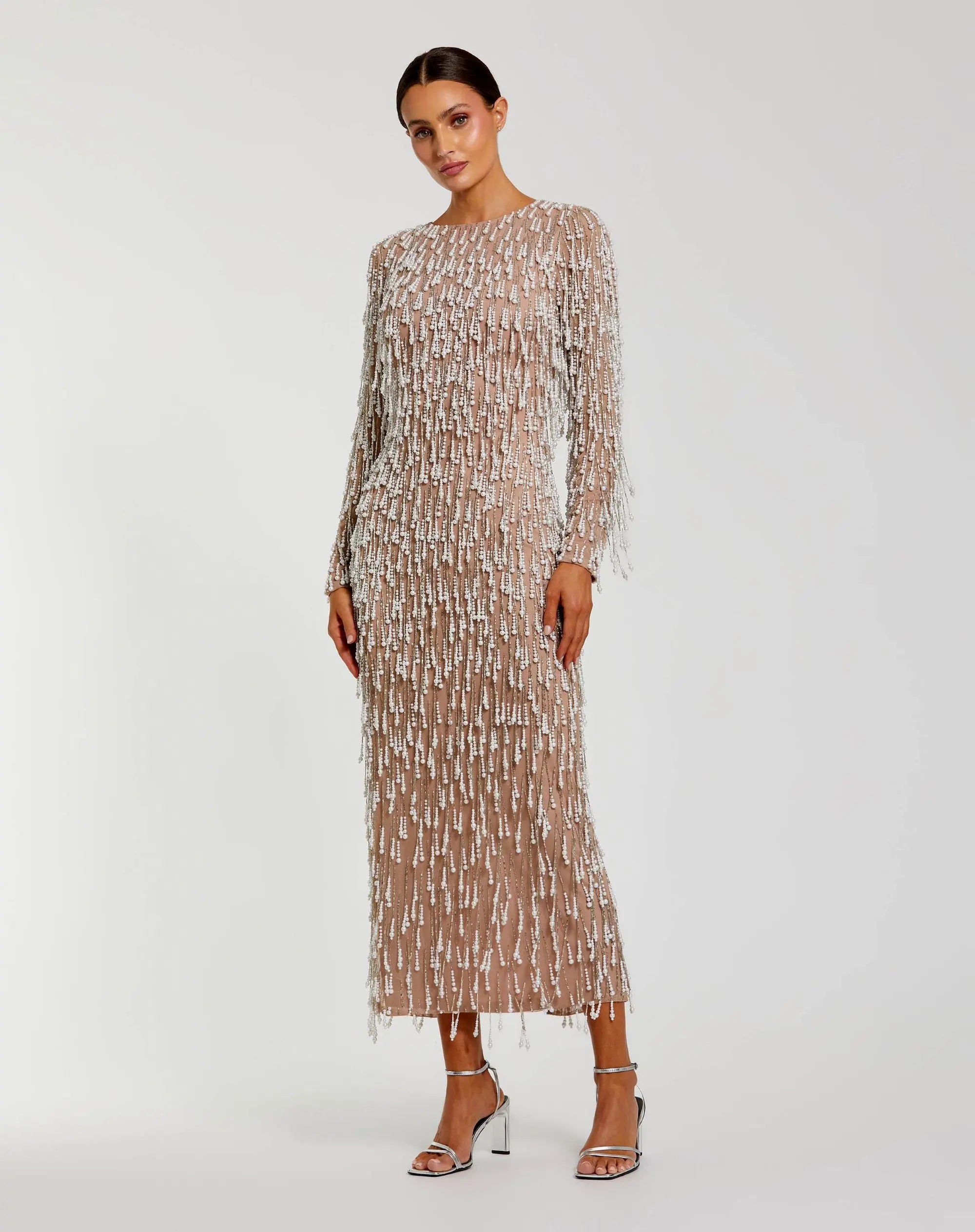 Image of Beige Long Sleeve Midi Dress With Embellished Fringe