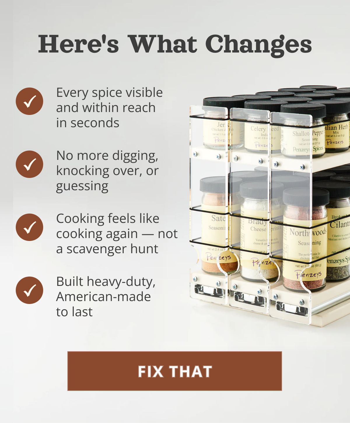 Organized spice rack system with labeled jars and text explaining daily frustration of searching for spices, ending with CTA “Fix That”.