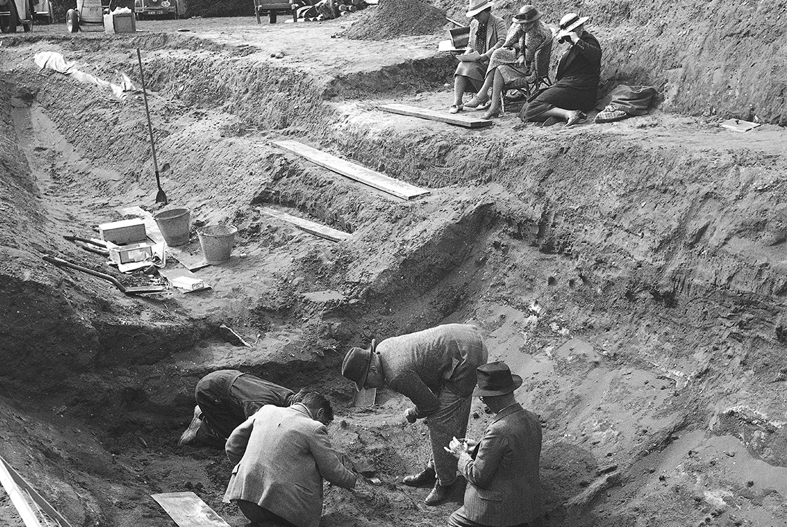 Photograph of the dig at the Sutton Hoo burial site.