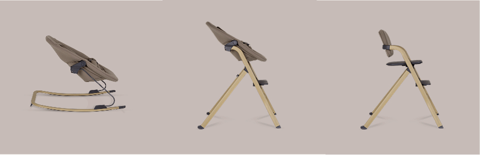 Nest and Nurture in different modes, Bouncer, Bouncer on highchair frame and Highchair