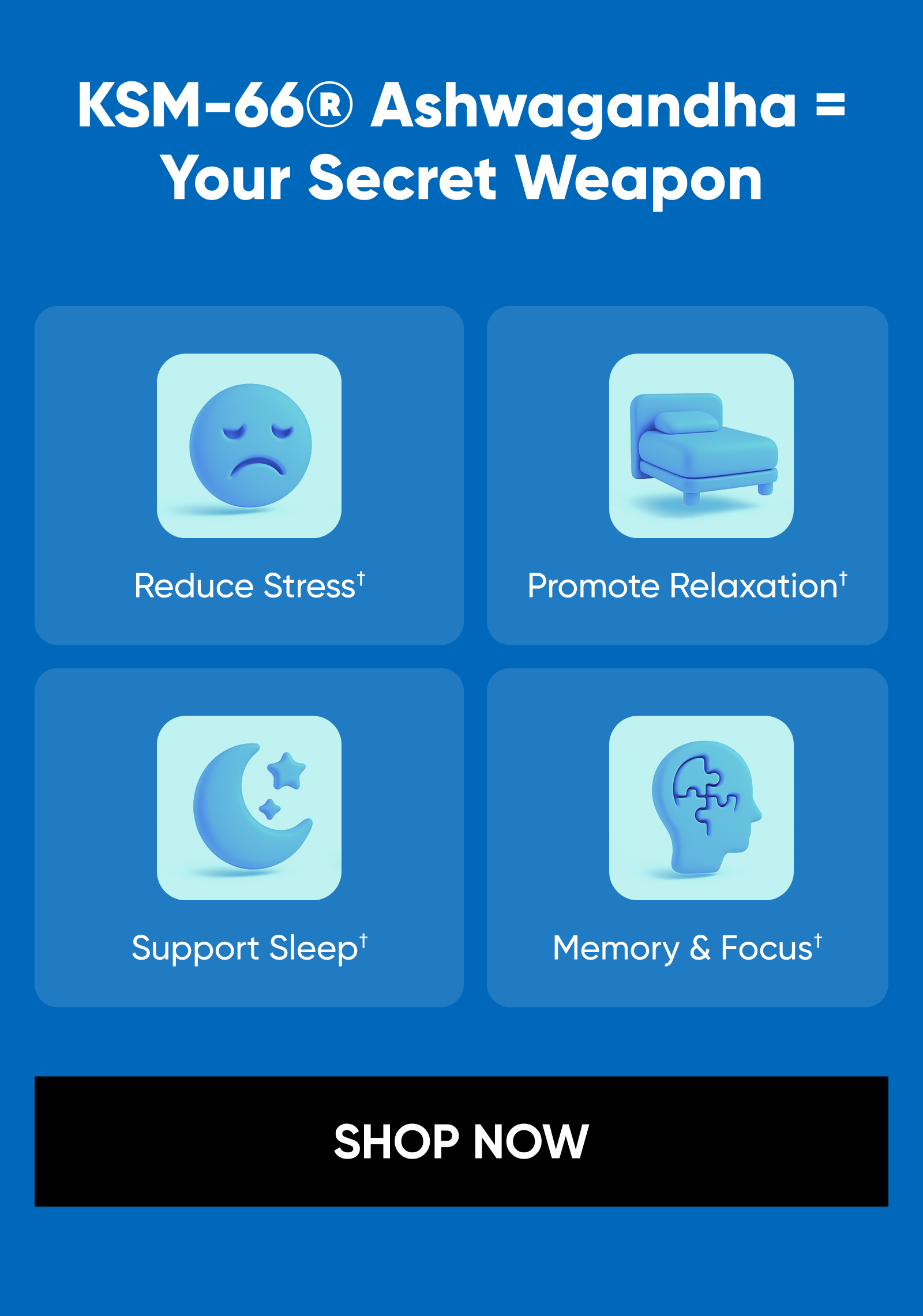 KSM-66® Ashwagandha = Your Secret Weapon Reduce Stress† Promote Relaxation† Support Sleep† Memory & Focus† SHOP NOW