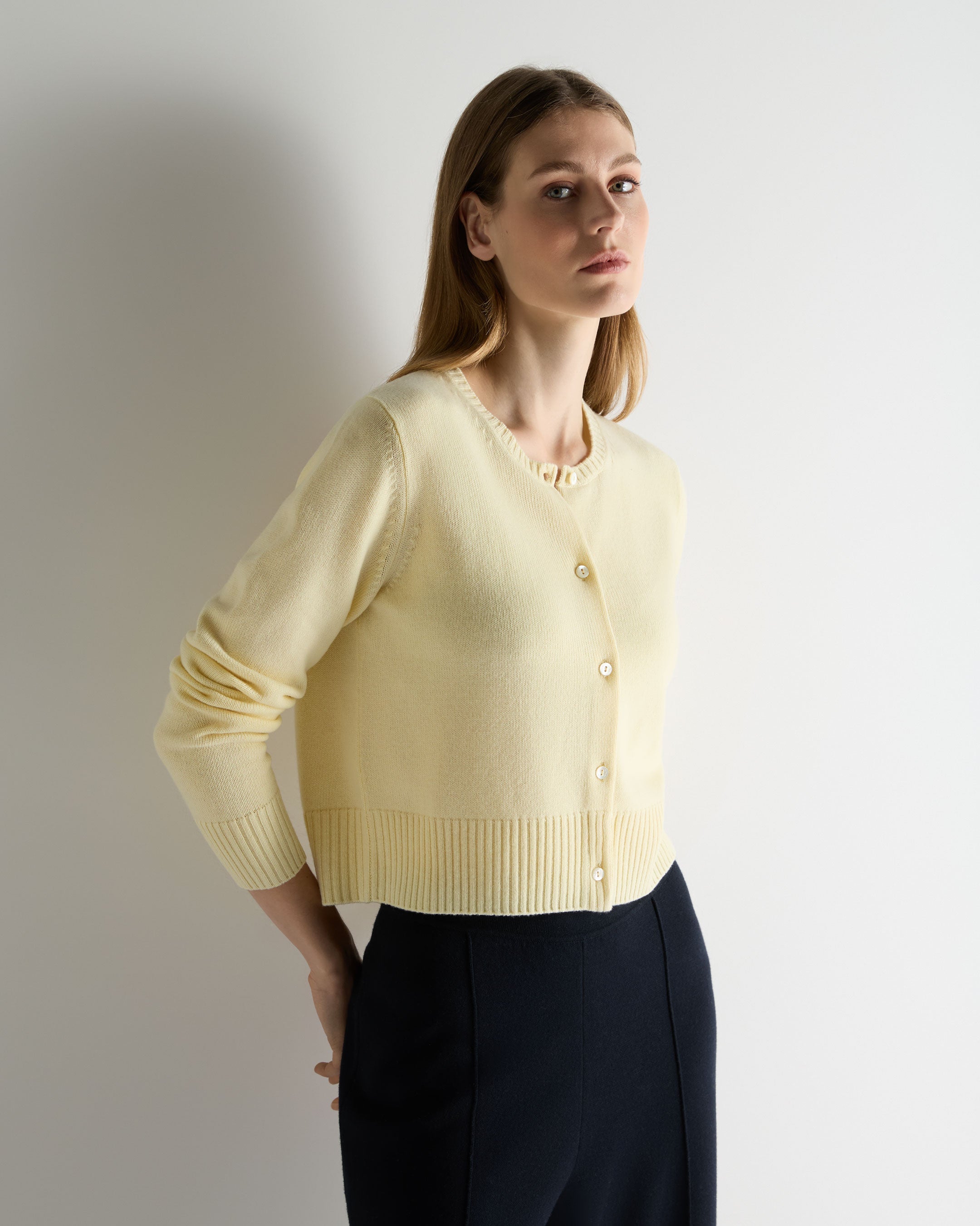 Image of Women's Chunky Crop Cashmere Cardigan Butter Yellow