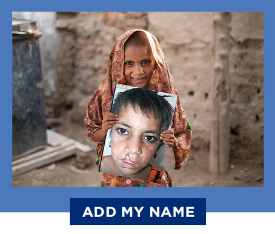 Slideshow of post-cleft surgery children holding pictures of themselves before surgery. Button text reads Add My Name