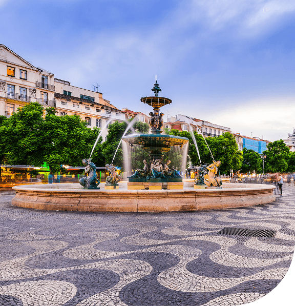 LISBON PORTUGAL FOUNTAINS IN THE PRACA ROSSIO.