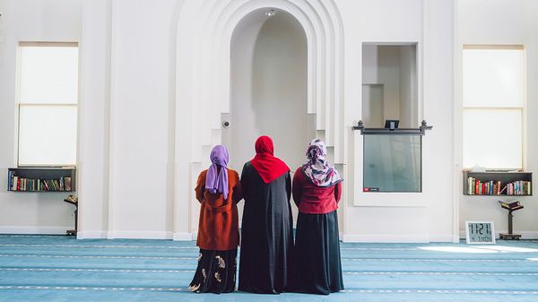 Muslim women in the prayer room at the East Plano Islamic Center in Plano, Texas.