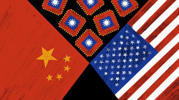 Illustration of The Chinese and US flags facing each other with computer chips with the Taiwan flag on inbetween