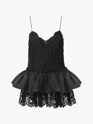 Thin-strap ruffle top in technical taffeta & lace