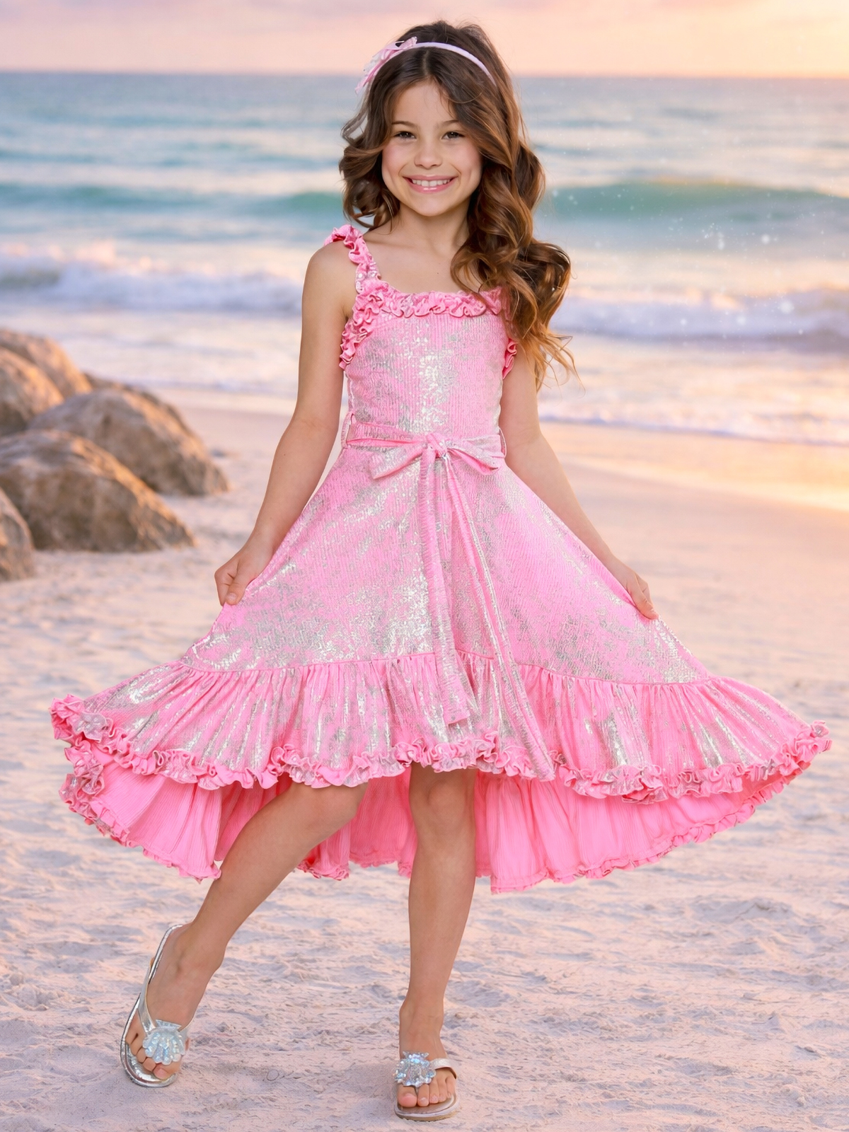Image of Shimmering Pink Ruffle Hi-Lo Dress