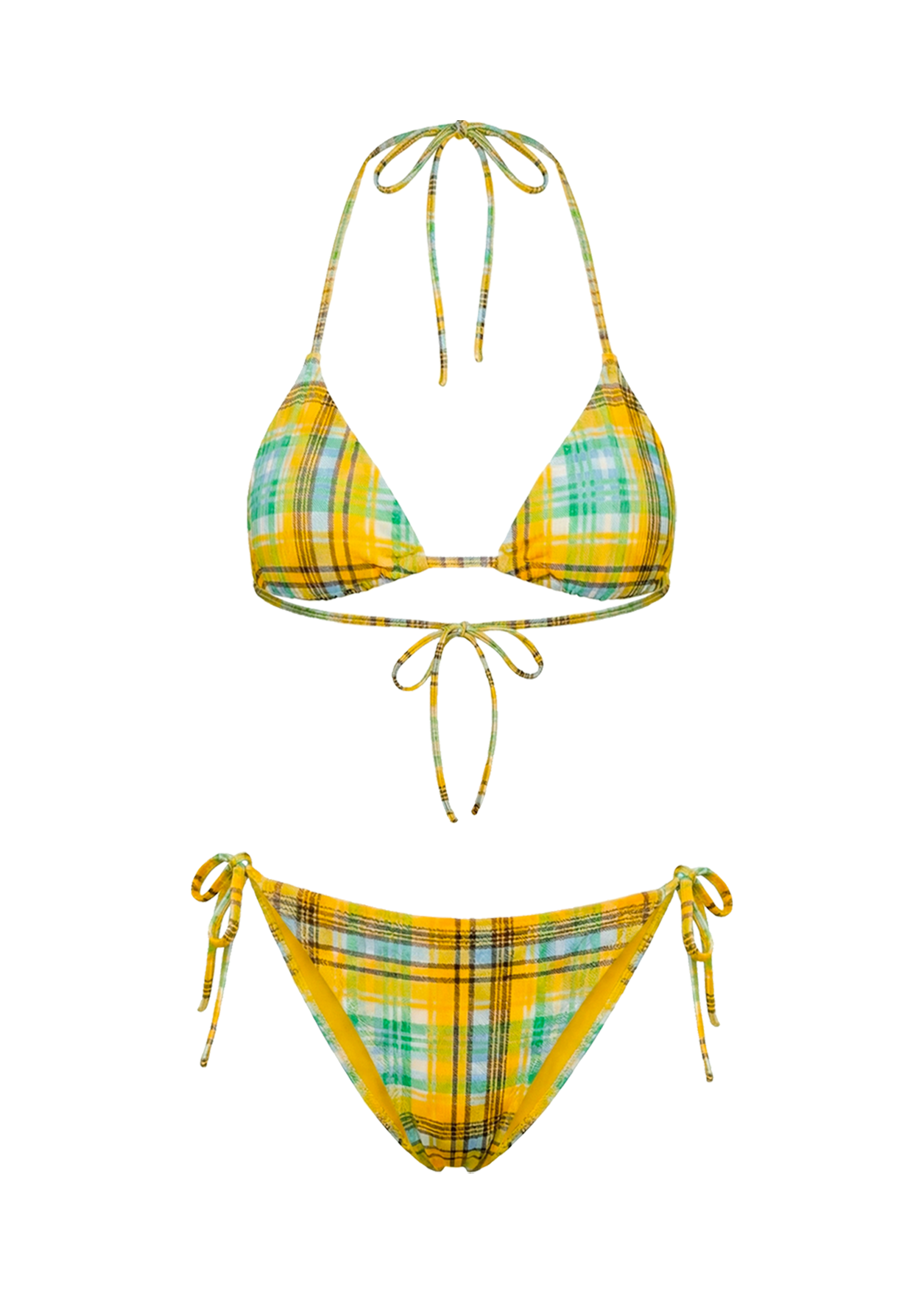 yellow and green plaid tie bikini top and bottom