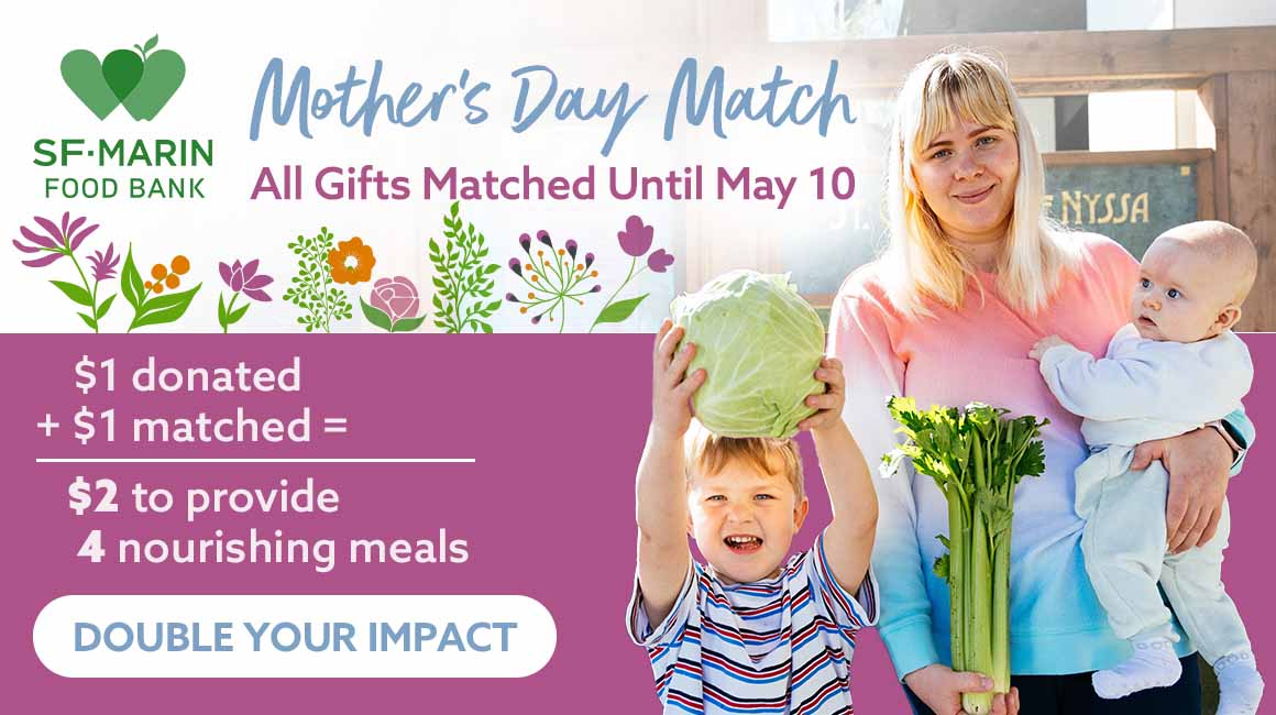 Mom holding her baby and a stalk of celery next to her smiling son holding a head of cabbage