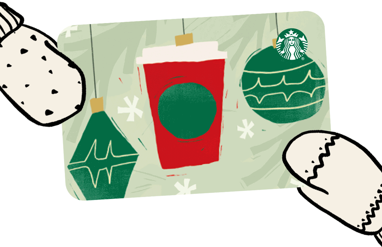 Animation of Starbucks holiday eGifts framed by illustrated mittens. The festive eGift designs and mitten patterns change simultaneously.
