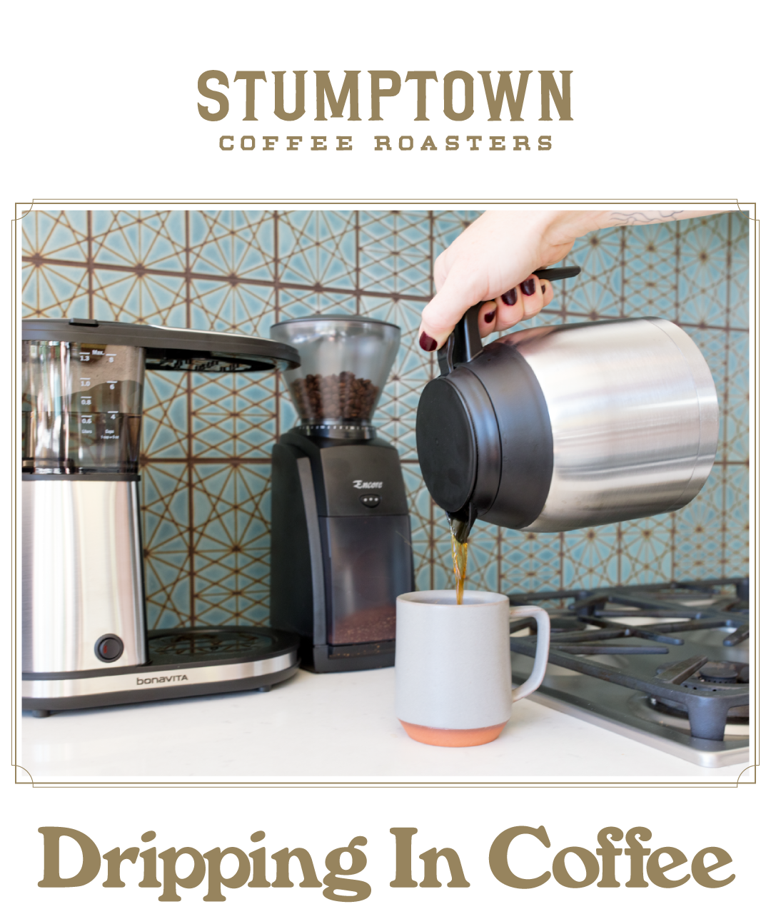 Coffee poured into a mug beside a drip brewer and grinder. Text reads “Dripping In Coffee.”