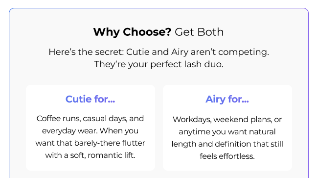 Why choose comparison showing Cutie for casual days and Airy for natural definition