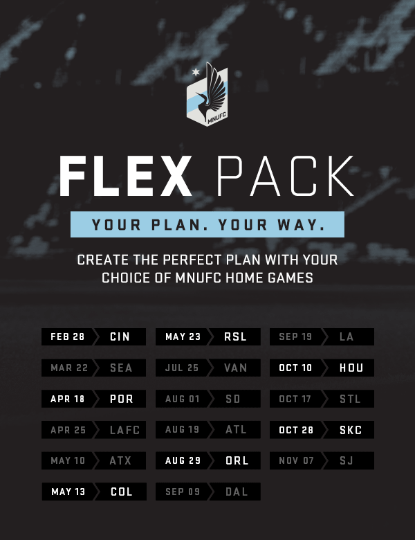 MNUFC Flex Pack: Your Plan. Your Way. Create the perfect plan with your choice of MNUFC MLS Home Games