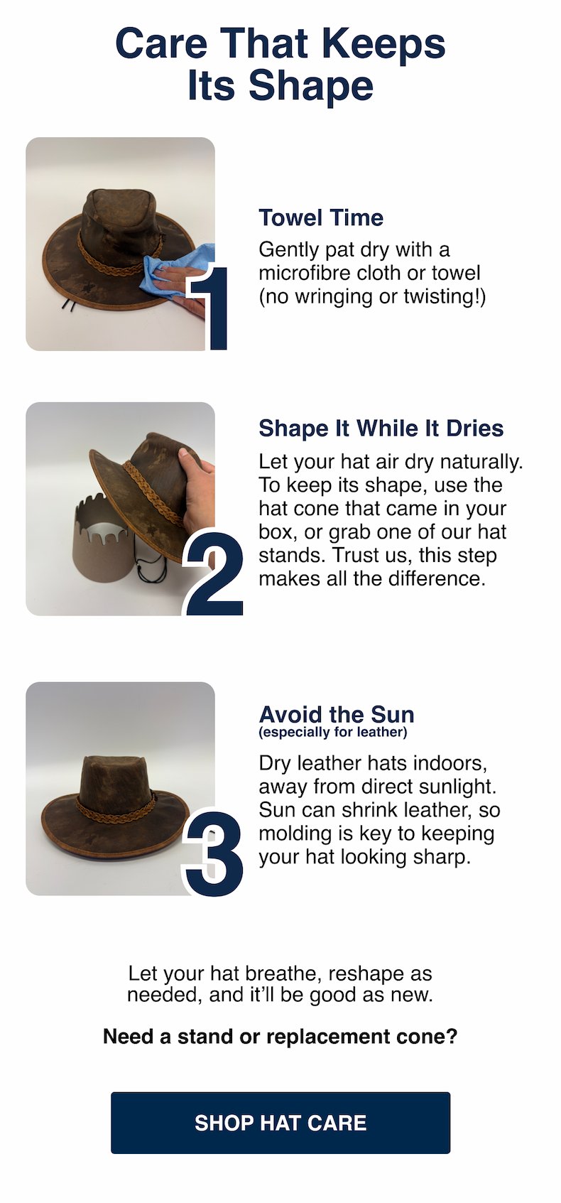 Let your hat breathe, reshape as needed, and it’ll be good as new.  Need a stand or replacement cone?