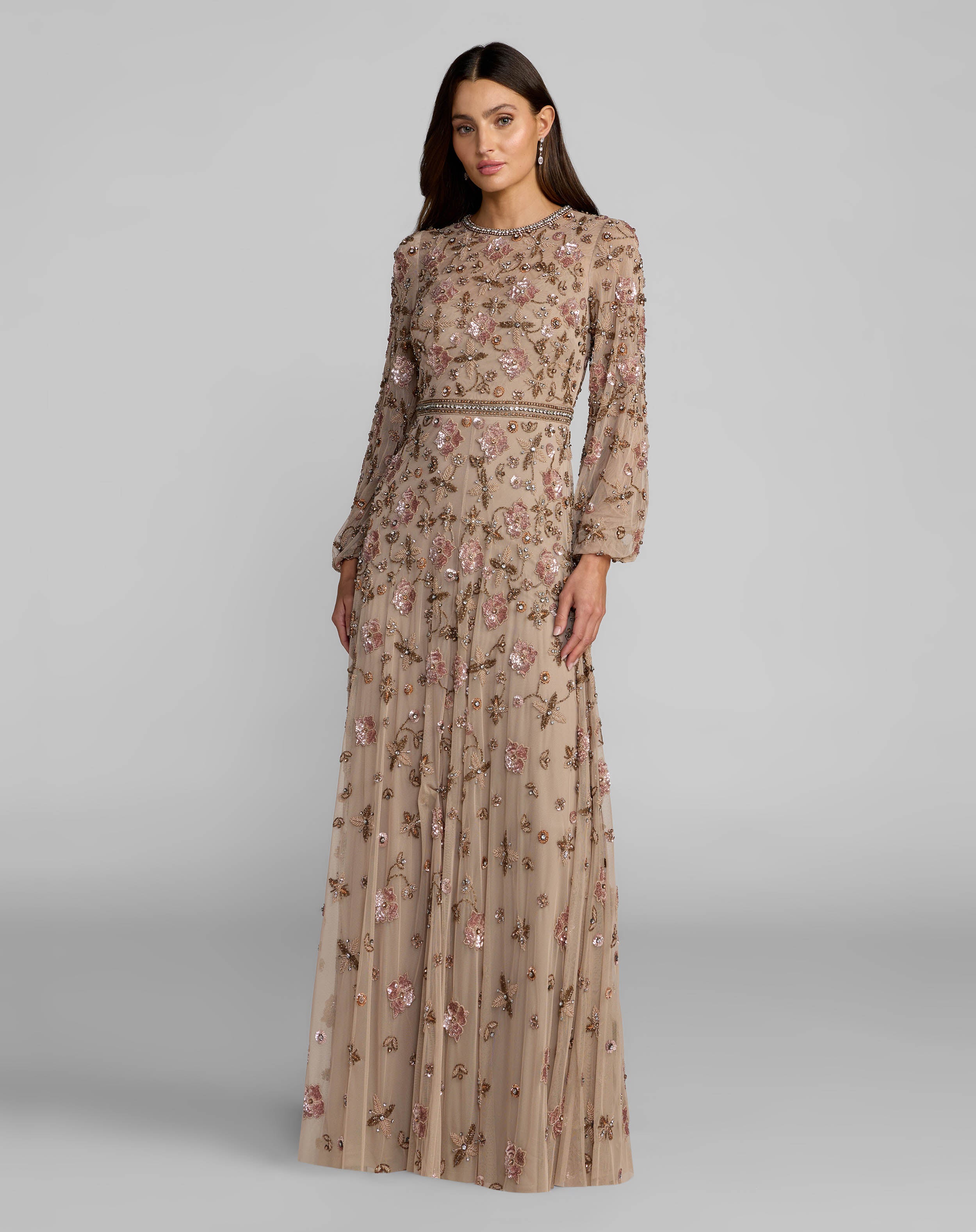 Image of Beige Crystal Beaded Floral Bishop Sleeve Gown