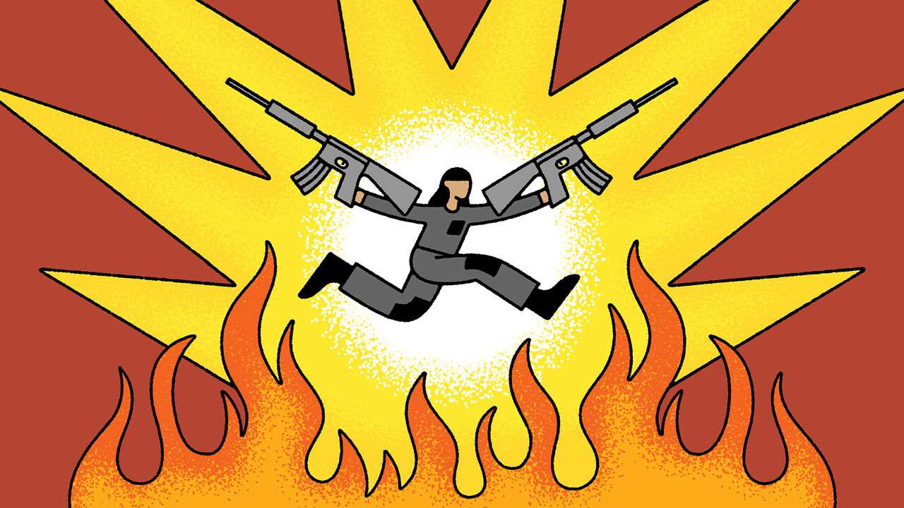 illustration of a figure leaping through the air, arms outstretched while holding two rifles, with vivid flames rising at the bottom.