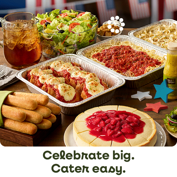 Olive Garden catering spread with pasta trays, salad, breadsticks, drinks, and dessert, with text reading “Celebrate big. Cater easy.”