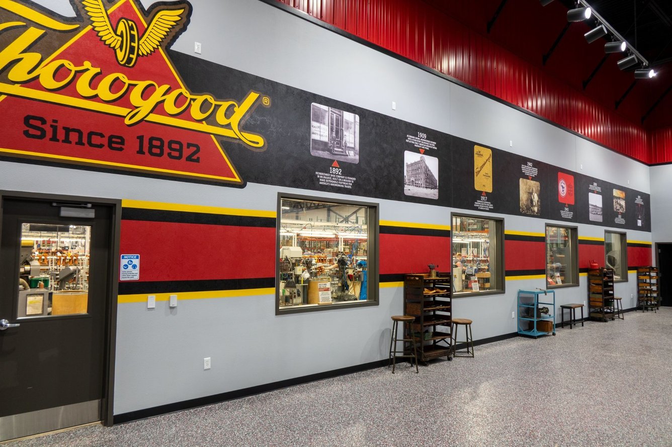 A photograph of Thorogood's new flagship store, which has windows that look into its factory.
