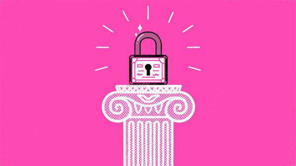 Illustration of a lock with a share certificate on it on top of an ionic column