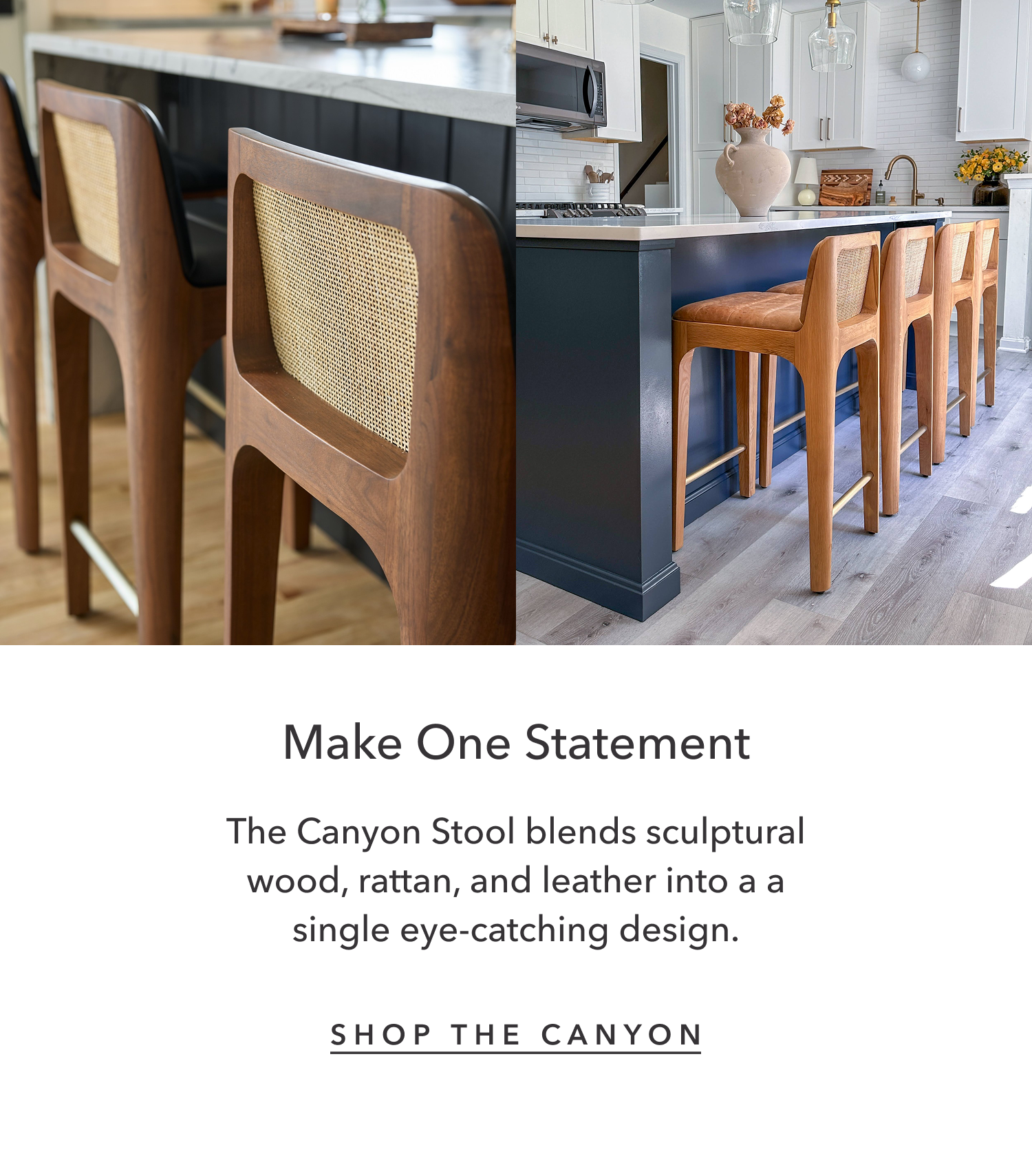 Make One Statement - The Canyon Stool blends sculptural wood, rattan, and leather into a a single eye-catching design.