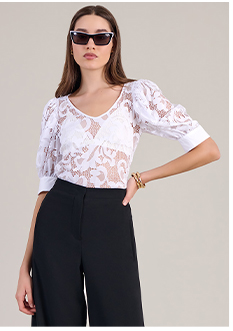 White Open Lace Work V-Neck T-Shirt With Puff Sleeves and Poplin French Cuffs