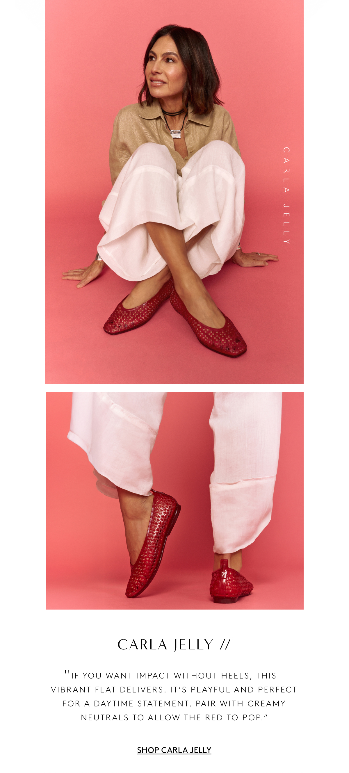 Carla Jelly // “If You Want Impact Without Heels, This Vibrant Flat Delivers. It’s Playful And Perfect For A Daytime Statement. Pair With Creamy Neutrals To Allow The Red To Pop.” | Shop Carla Jelly