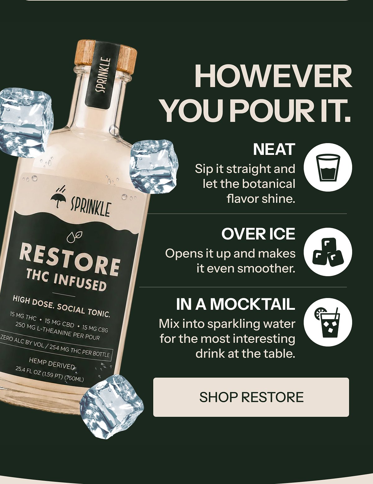 Bottle of THC infused tonic with serving suggestions and ice cubes.