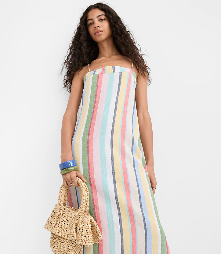 Rainbow Stripe Linen Cotton Strappy Maxi Dress