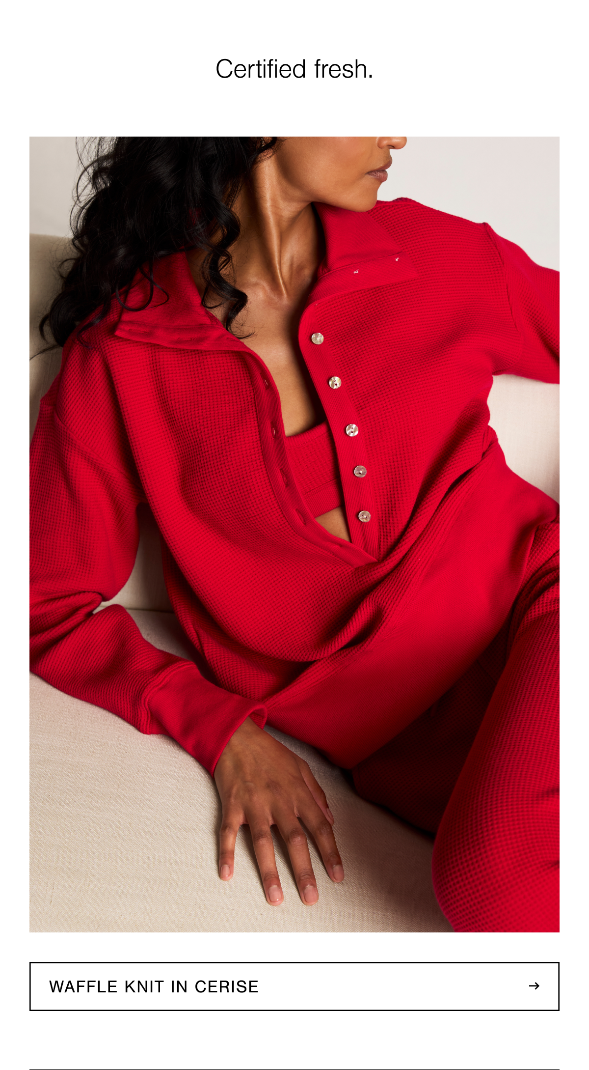 Country club meets cozy boyfriend. A slouchy pullover with a deep rib collar and mother-of-pearl buttons, in a luxuriously cozy ultra plush cotton waffle jacquard. Shop Waffle Knit in Cerise. 