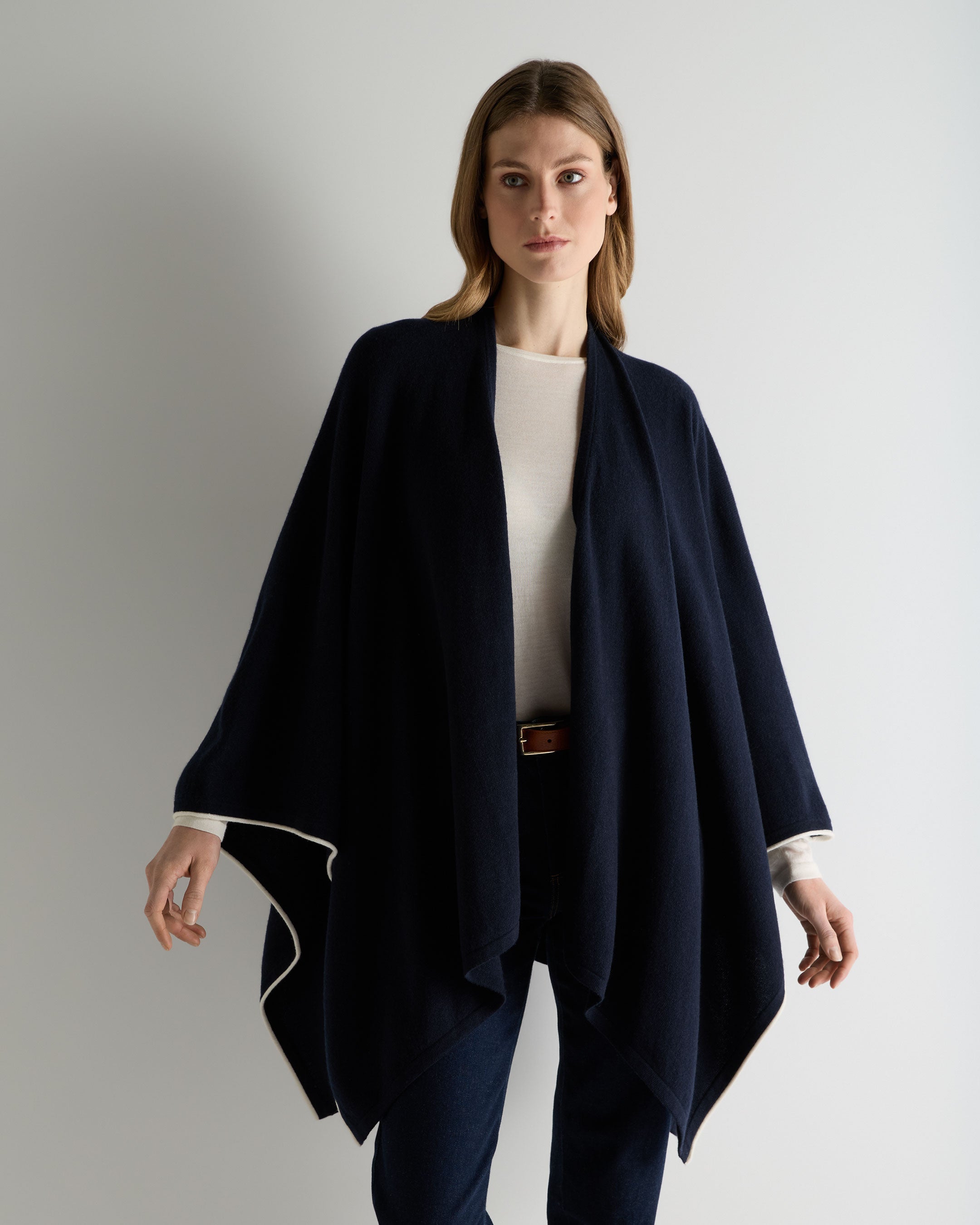 Image of Women's Contrast Trim Cashmere Cape Navy Blue