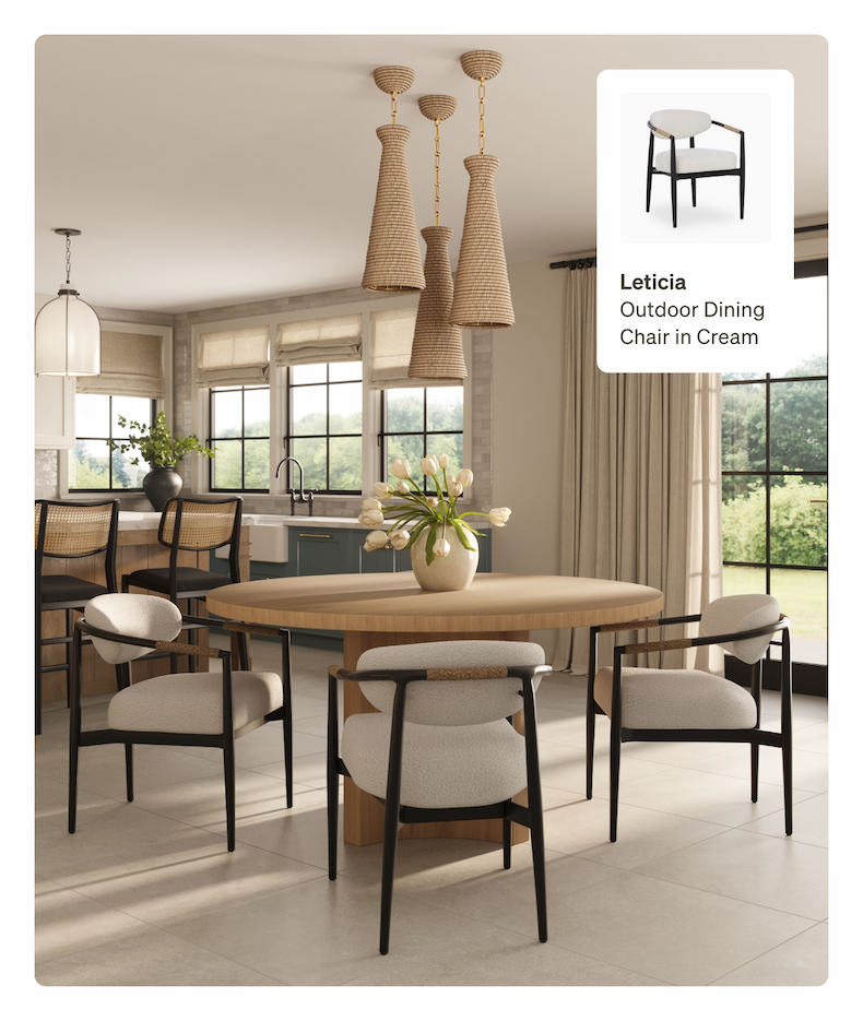 A group of Leticia Outdoor Dining Chairs in Cream with black frames and woven detail on the arms, surrounding a round wooden dining table.