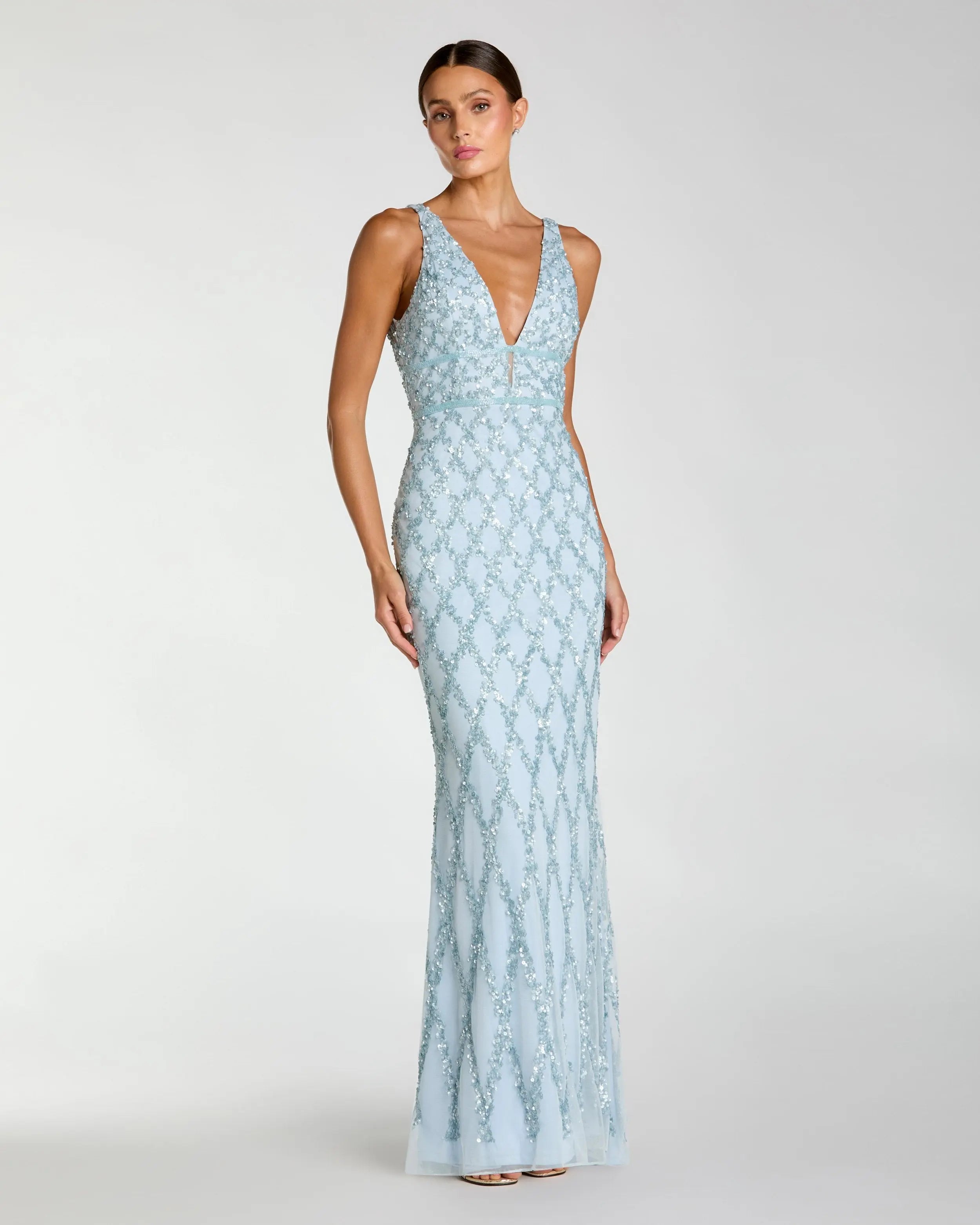 Image of Blue Sequin Embellished Sleeveless Column Gown