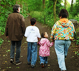 A family of four seen from behind as they walk together along a dirt path through a leafy green woodland.