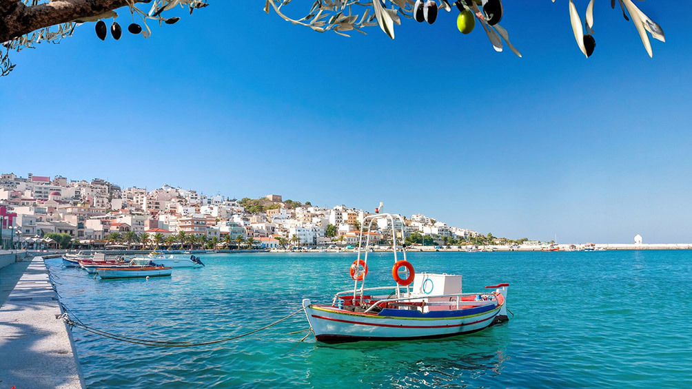 Image description: Fishing boats moored in Sitia on Crete.
