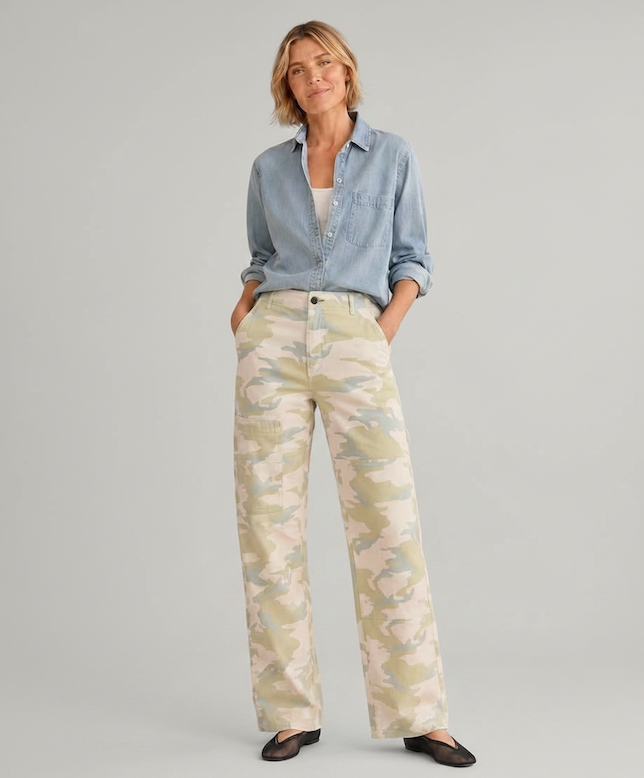 Pink Camo with a chambray shirt and flats