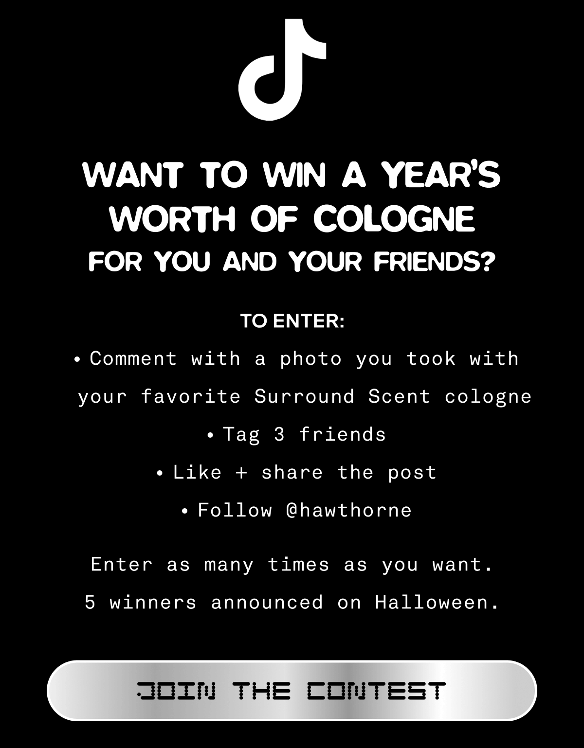 Want to win a year’s worth of cologne for you and your friends? To enter:  Comment with a photo of your favorite Surround Scent cologne Tag 3 friends Like + share the post Follow @‌hawthorne Enter as many times as you want. 5 winners announced on Halloween. JOIN THE CONTEST