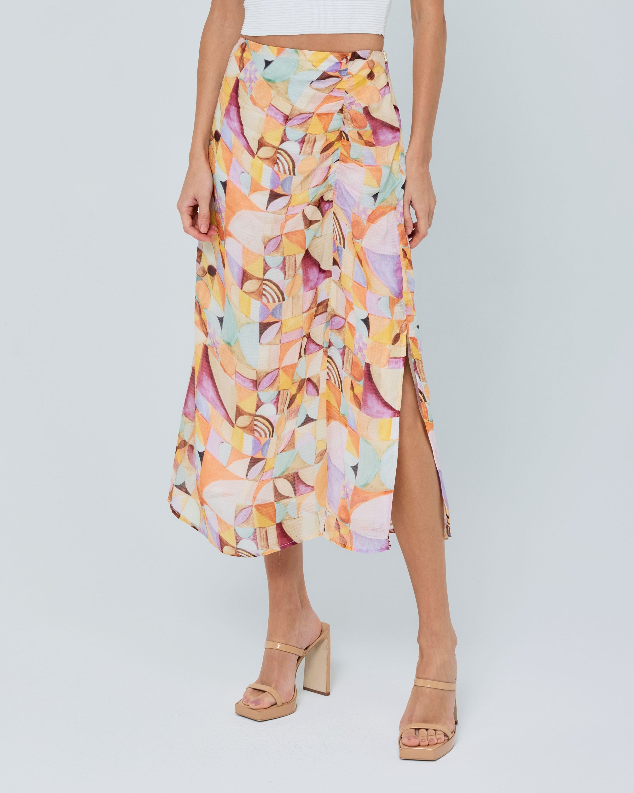 Image of Amaya Abstract Print Satin Midi Skirt